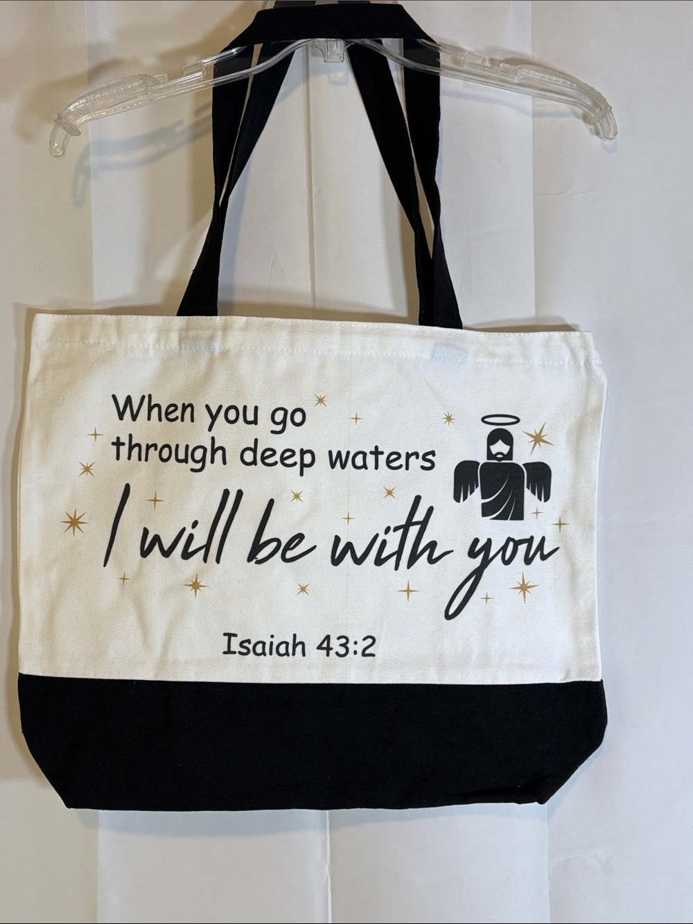 Othr White and Black Canvas Tote with Isaiah 43:2 Quote